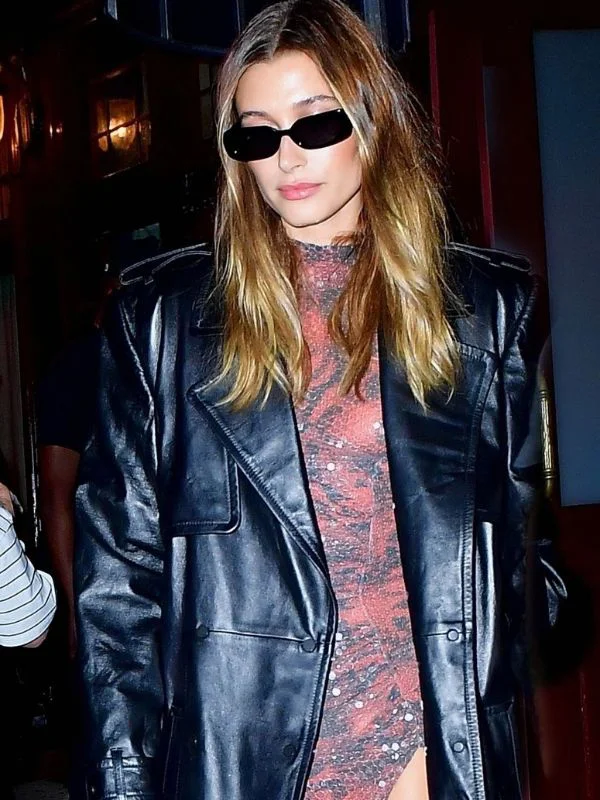 Hailey Bieber Long Street Style Leather Coat