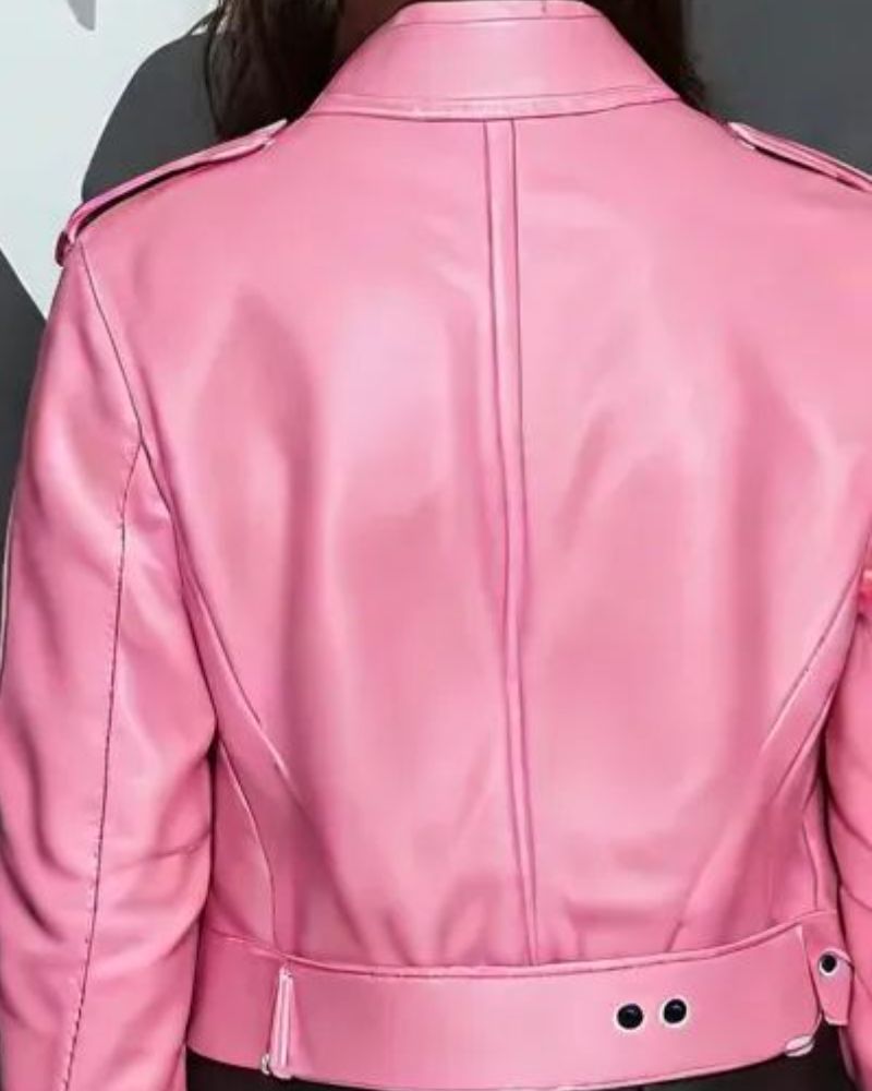 Add a vibrant touch to your wardrobe with the Pop of Pink Kim Kardashian Leather Jacket. This stylish pink jacket combines elegance and boldness, perf