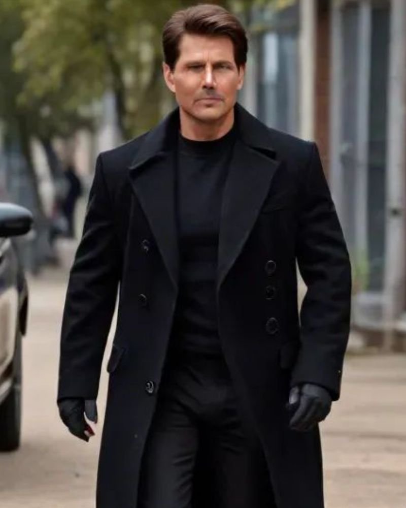 Tom Cruise Mission Impossible 8 Black Coat  Color: Black Material: Wool Fabric Lining: Viscose Lining Front: Buttoned Closure Collar: Lapel Collar Poc