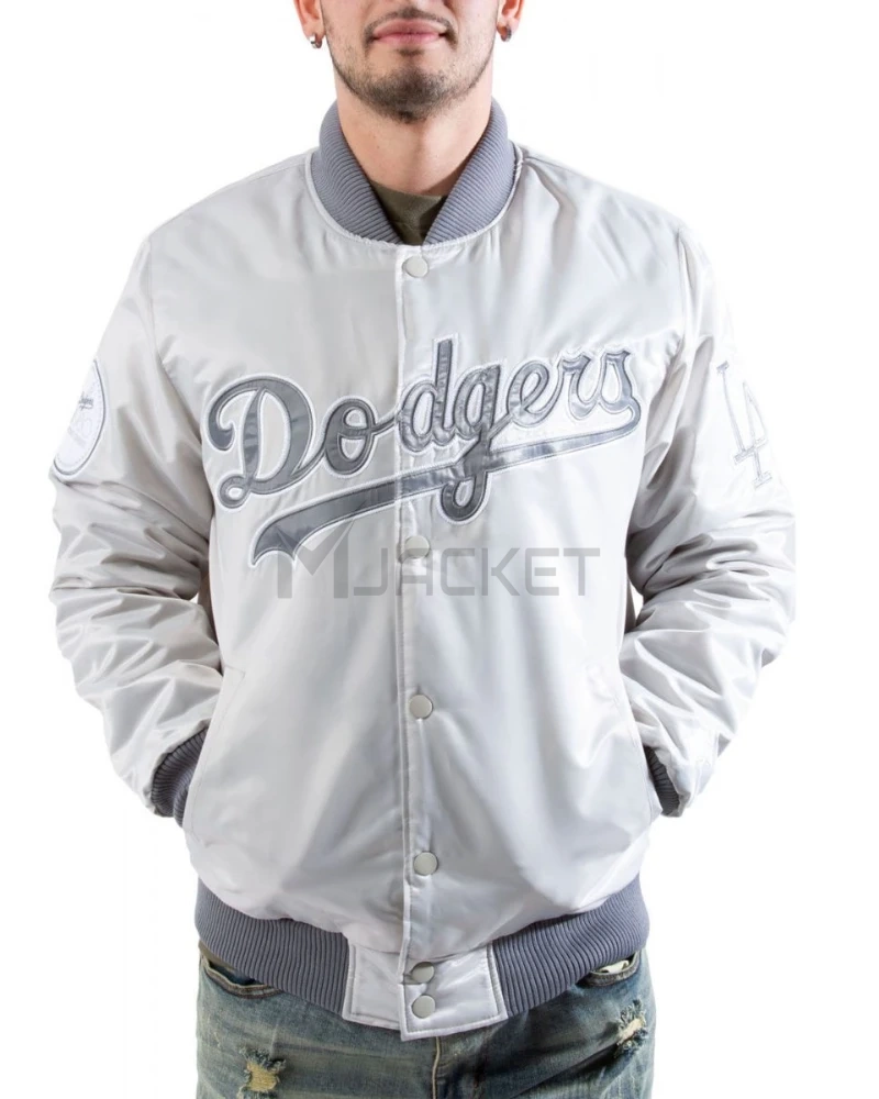 Shop Trendy LA Dodgers Silver Satin Bomber Jackets 