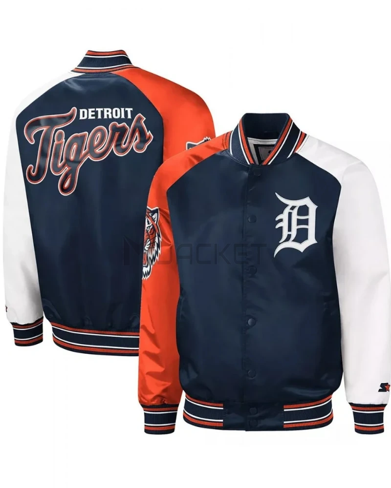 Detroit Tigers Reliever Satin Raglan Full-Snap Blue/Orange Jacket - image 3