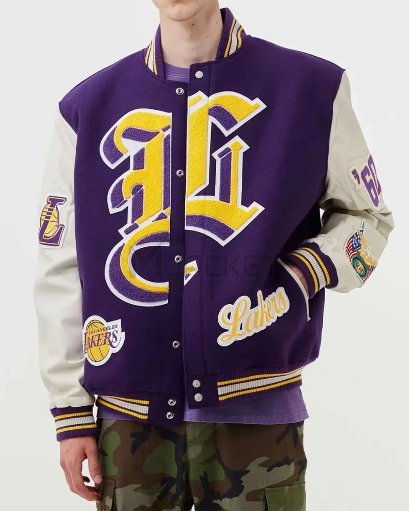 LA Lakers Letterman Purple Wool and White Leather Jacket - image 1